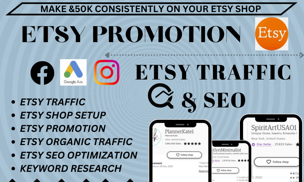 I will do etsy promotion, etsy merketing, etsy traffic, etsy shop setup