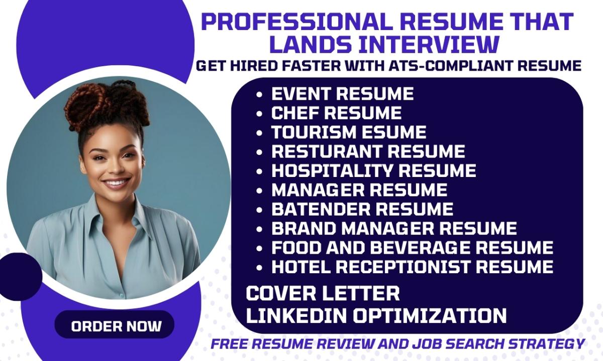 I Will Write a Hospitality, Tourism, Sales, Manager, Hotelier, Chef, Bartender Resume