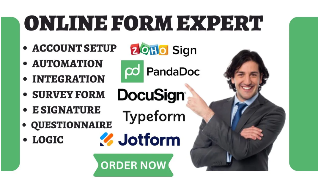 I Will Setup Zoho Form, Sign, PandaDoc, DocuSign, Typeform, Jotform, and EduSign Integration VA