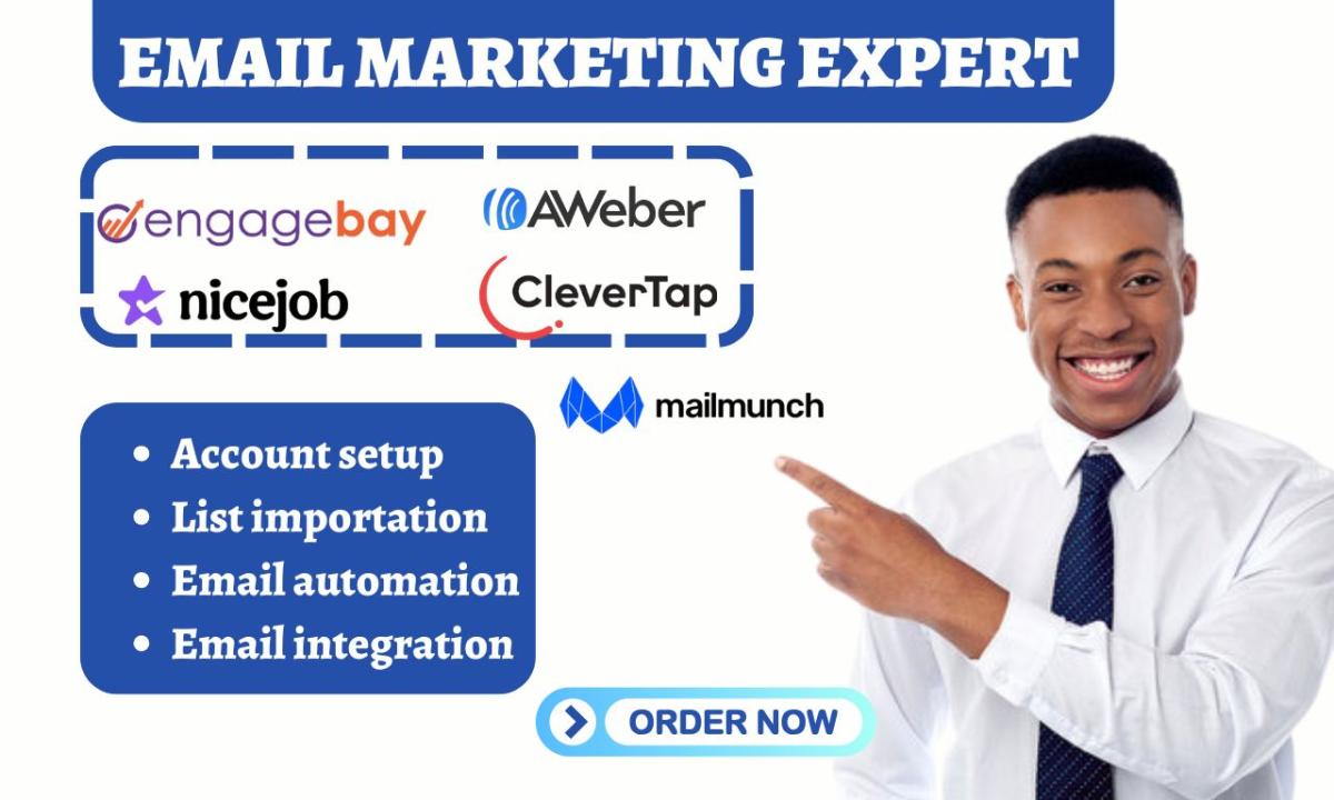 I Will Setup AWeber, Sendy, Mailjet, CleverTap, MailMunch, EngageBay, SMTP, Acumbamail, NiceJob