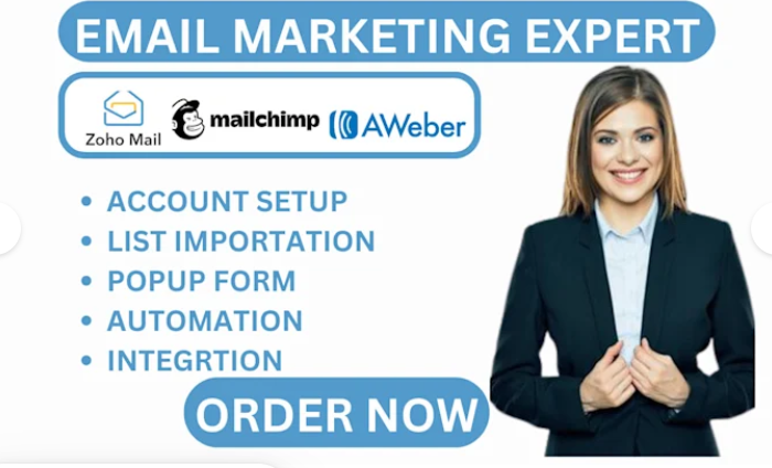 I Will Manage Your Email Marketing with Moosend, Mailchimp, Zoho Mail, AWeber, Eventix, Delivra, SharpSpring, Klaviyo, and Clever