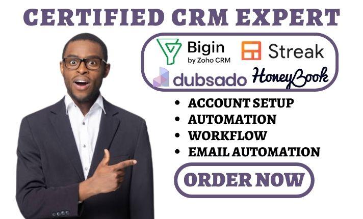 I Will Set Up Zoho, Bigin, Streak, CRM, Insightly, Freshsales, Workflow, HoneyBook, Dubsado