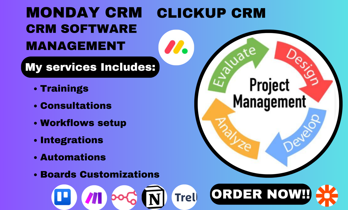 I Will Set Up Monday CRM Automation Integration with ClickUp, Asana, Trello, MS Gantt, and Monday.com