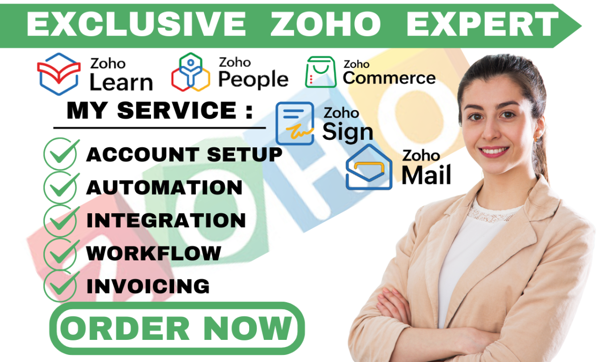 I WILL SETUP ZOHO LEARN, ZOHO SOCIAL, ZOHO PEOPLE, ZOHO COMMERCE AUTOMATION, AND ZOHO MAIL