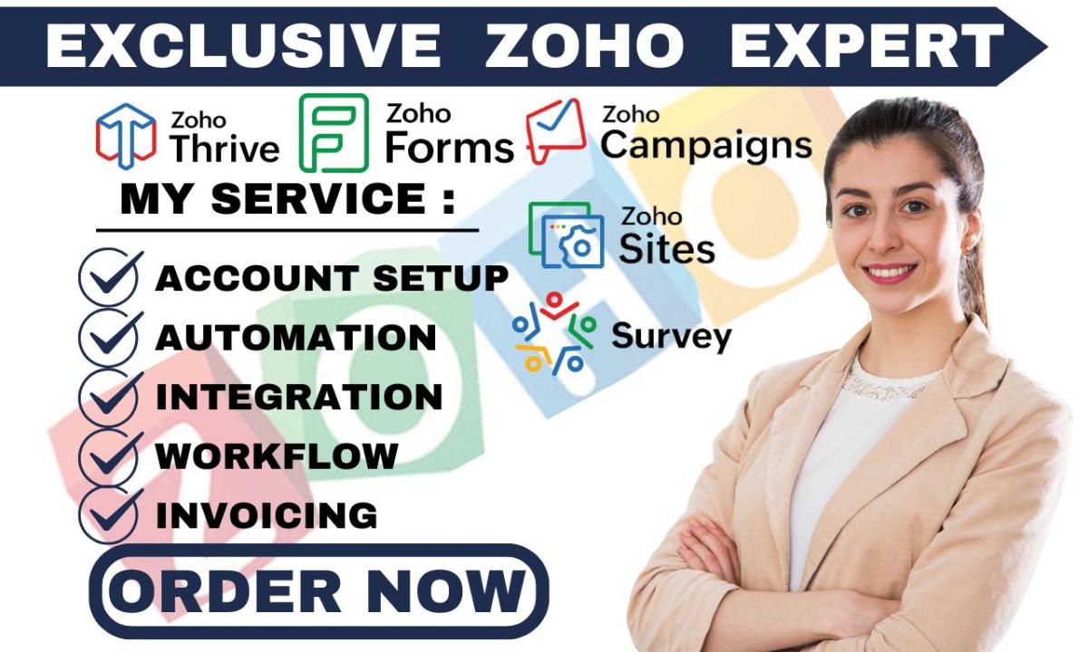 I WILL SETUP ZOHO FSM, ZOHO INVOICE AUTOMATION, ZOHO BIGIN, ZOHO ONE, ZOHO BOOKS, AND ZOHO CRM