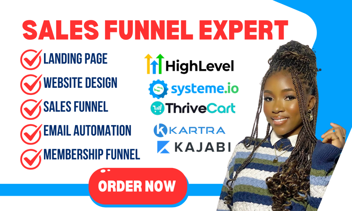 I Will Design Professional GoHighLevel, ThriveCart, Systeme, Kartra, and Kajabi Sales Funnels