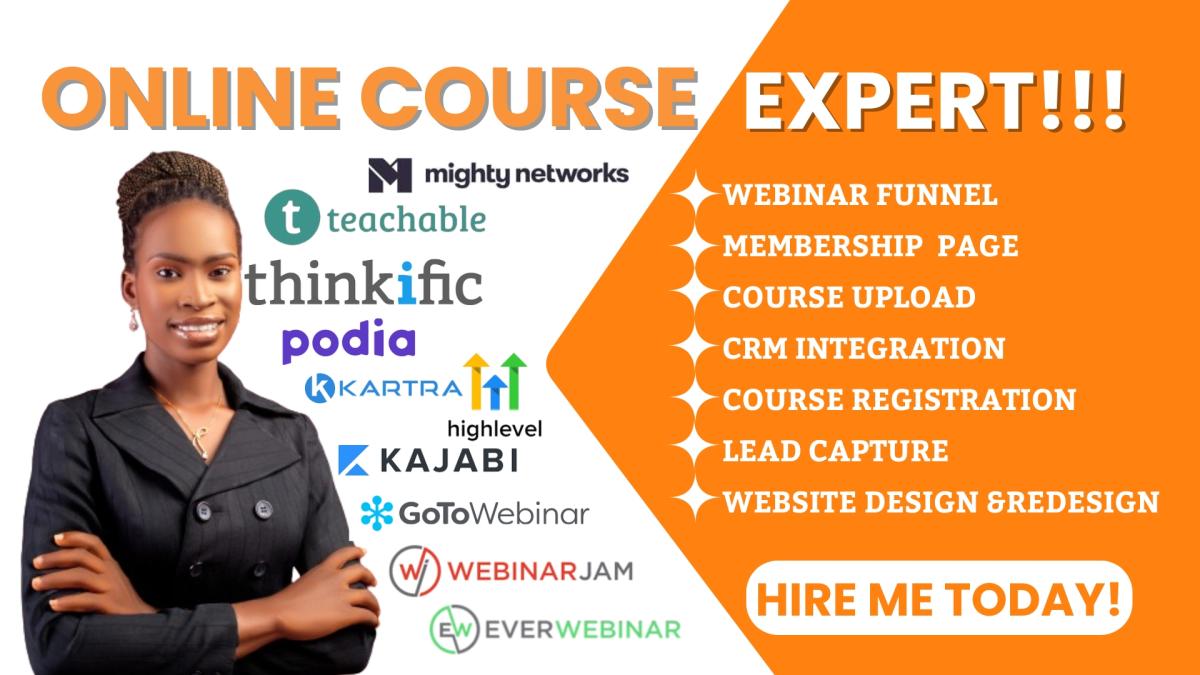 I will create online course, webinar, funnel, website on Mighty Network, Kajabi, Kartra, Skool, Podia