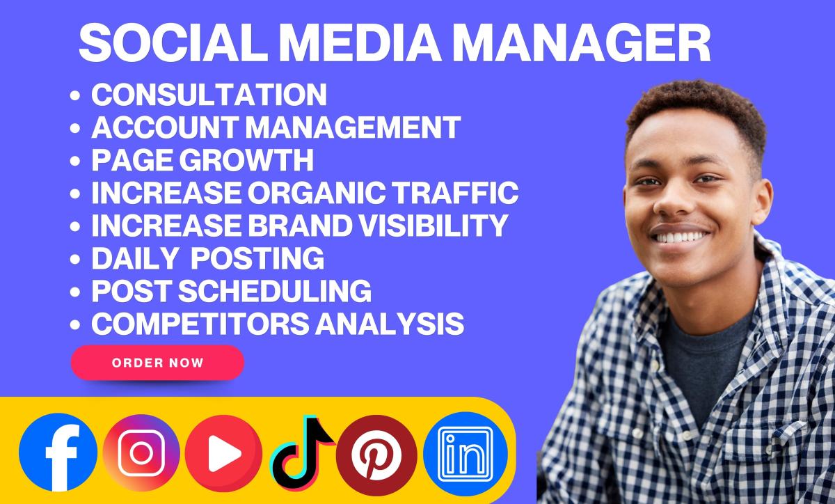 I will your social media marketing manager for Facebook Instagram TikTok LinkedIn