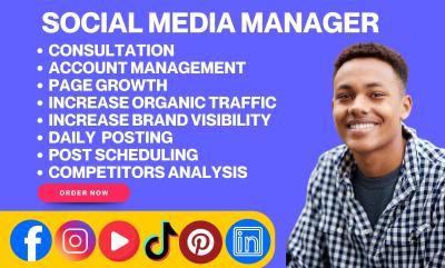 I will your social media marketing manager for Facebook Instagram TikTok LinkedIn