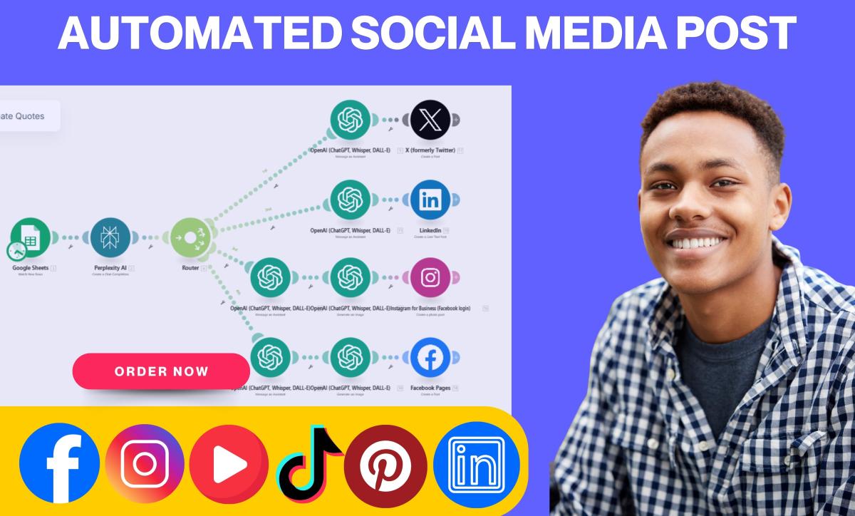 I will AI Automated Instagram Reels, Facebook, LinkedIn, Twitter Posts with Make n8n LLM
