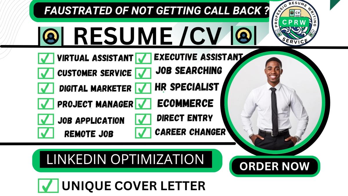 Will Write Remote Job Resume, Virtual Assistant, Project Manager, Customer Service CV