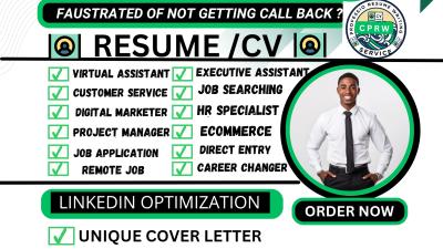 Will Write Remote Job Resume, Virtual Assistant, Project Manager, Customer Service CV