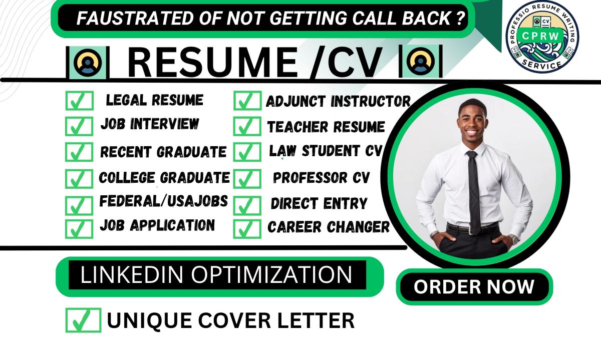 I will write teacher resume, adjunct instructor CV, student law, professor CV
