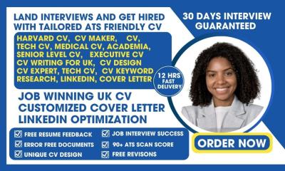I will offer CV writing for UK, Harvard CV, professional UK CV design, UK tech CV, LinkedIn profile