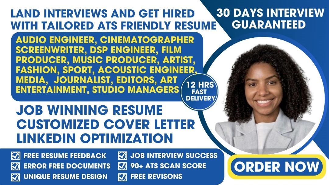 I will write audio engineer, cinematographer, screenwriter, DSP, sound engineer resume