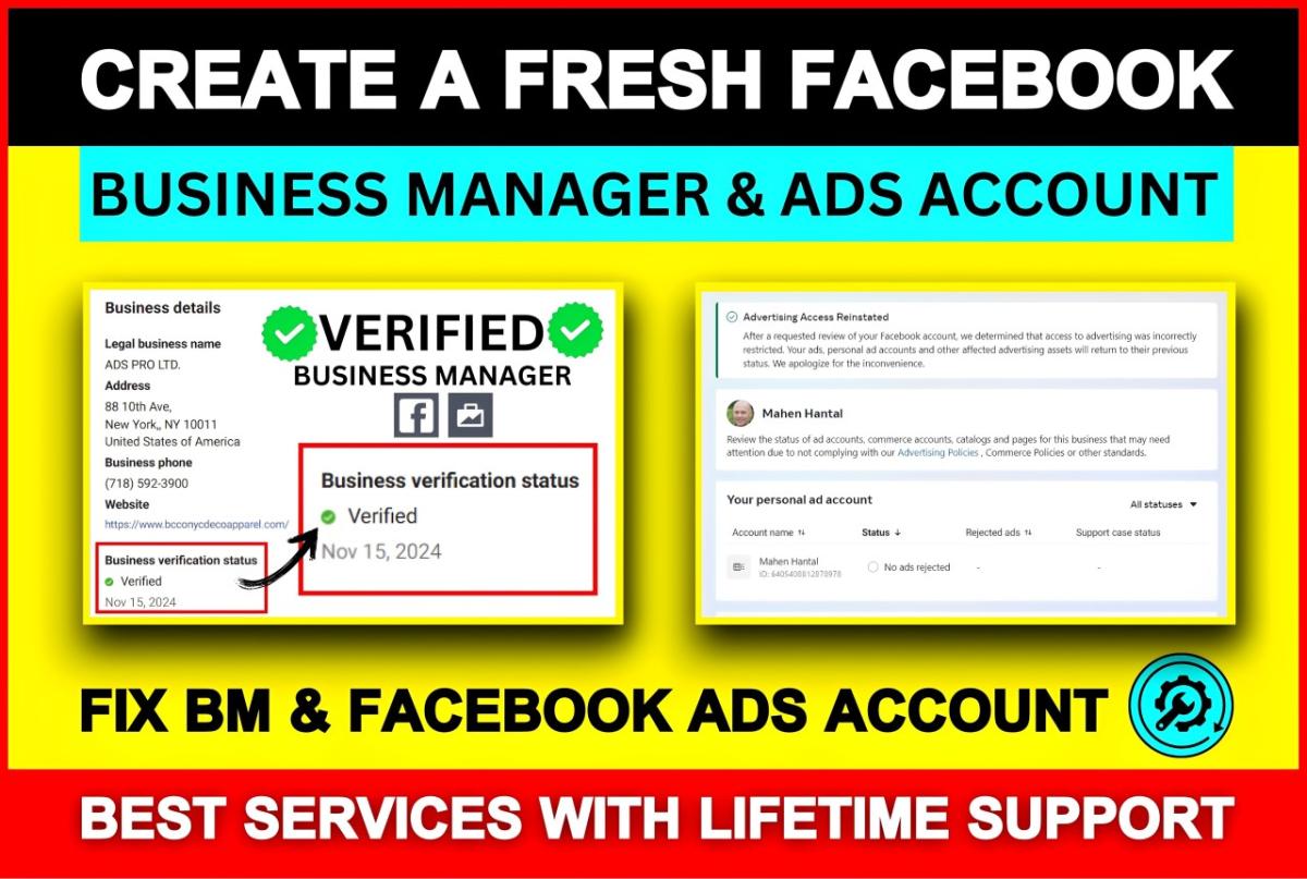 I will create a fresh immortal facebook business manager, ads account or fix issues