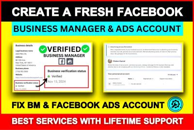 I will create a fresh immortal facebook business manager, ads account or fix issues