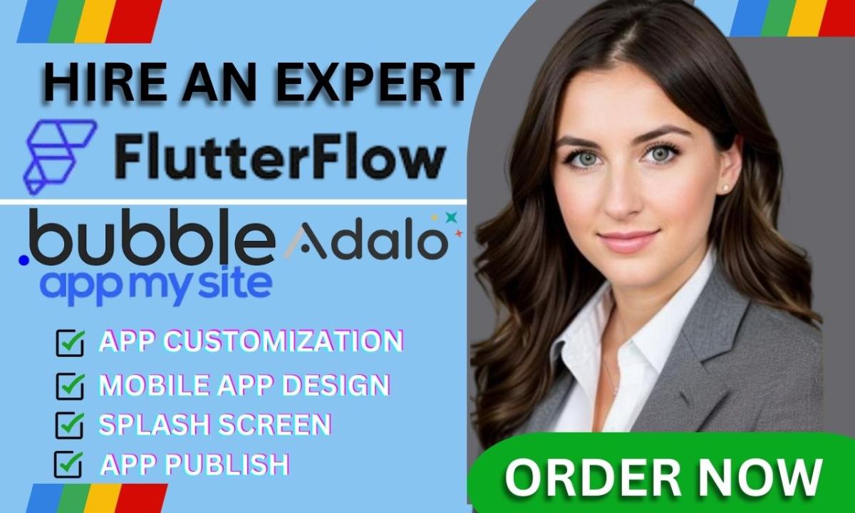 I will do FlutterFlow App, Publish FlutterFlow App, Adalo, Bubble.io Mobile App Design
