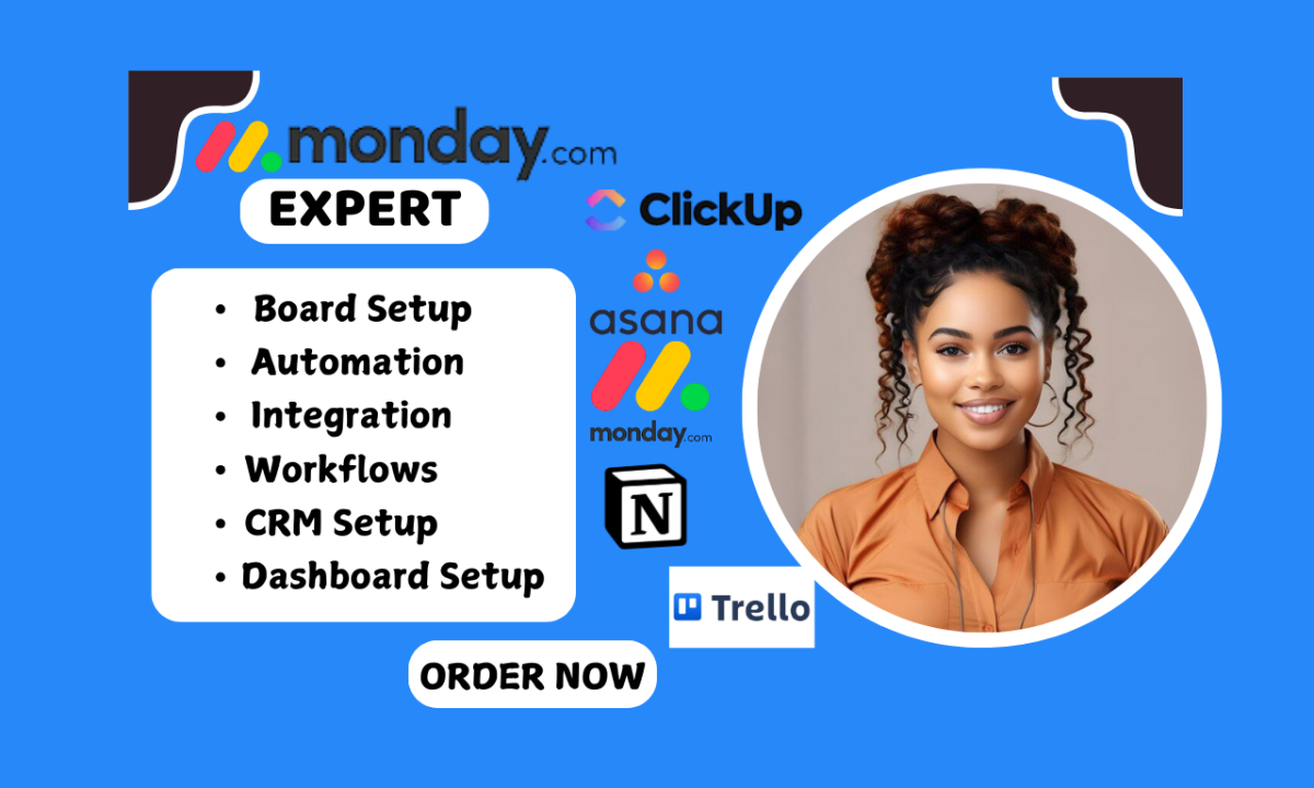 I will setup board automation integration on Monday.com, Monday CRM, Asana, Trello, ClickUp