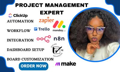 I will set up board workflow automation, integration on Monday.com, Make.com, ClickUp, Asana