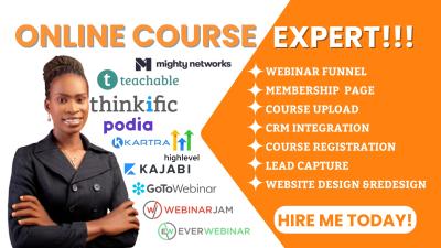 I will create online course, webinar, funnel, website on Mighty Network, Kajabi, Kartra, Skool, Podia