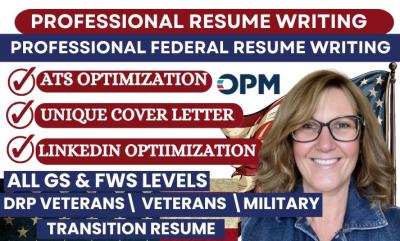 I will write professional resume writing, cover letter, LinkedIn, ATS federal resume