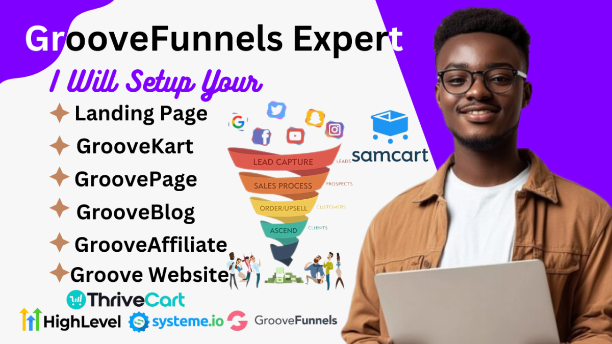 I will do Groove Landing Page, Groove Funnel, SamCart, ThriveCart System.io Sales Funnel