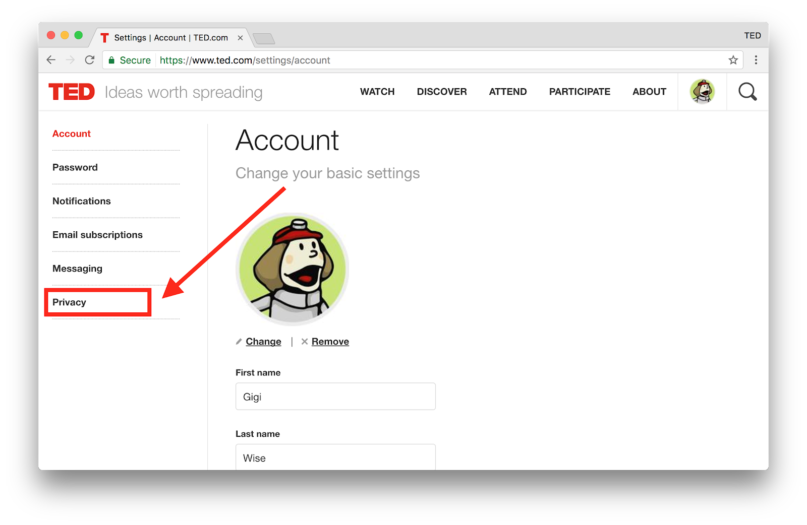 How do I change my profile privacy settings  TED