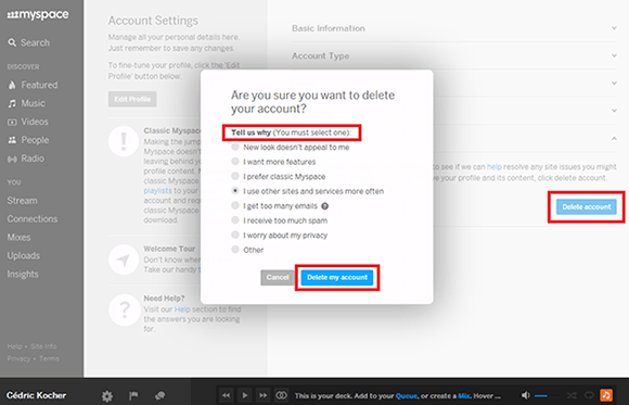 Supprimer un compte Myspace
