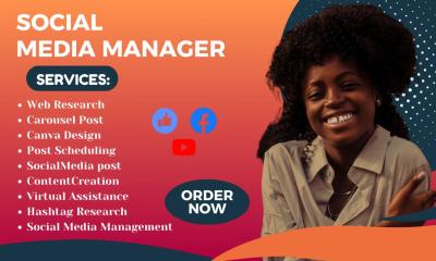 I will be your Social Media Manager, Canva Designer, Administrative Executive, and Virtual Assistant