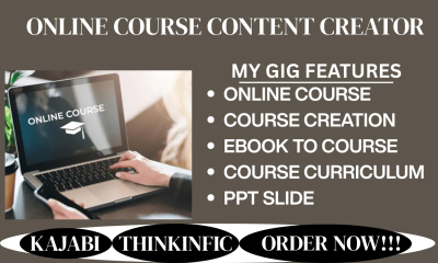 I will create online course, course creation, course content, course curriculum, Kajabi