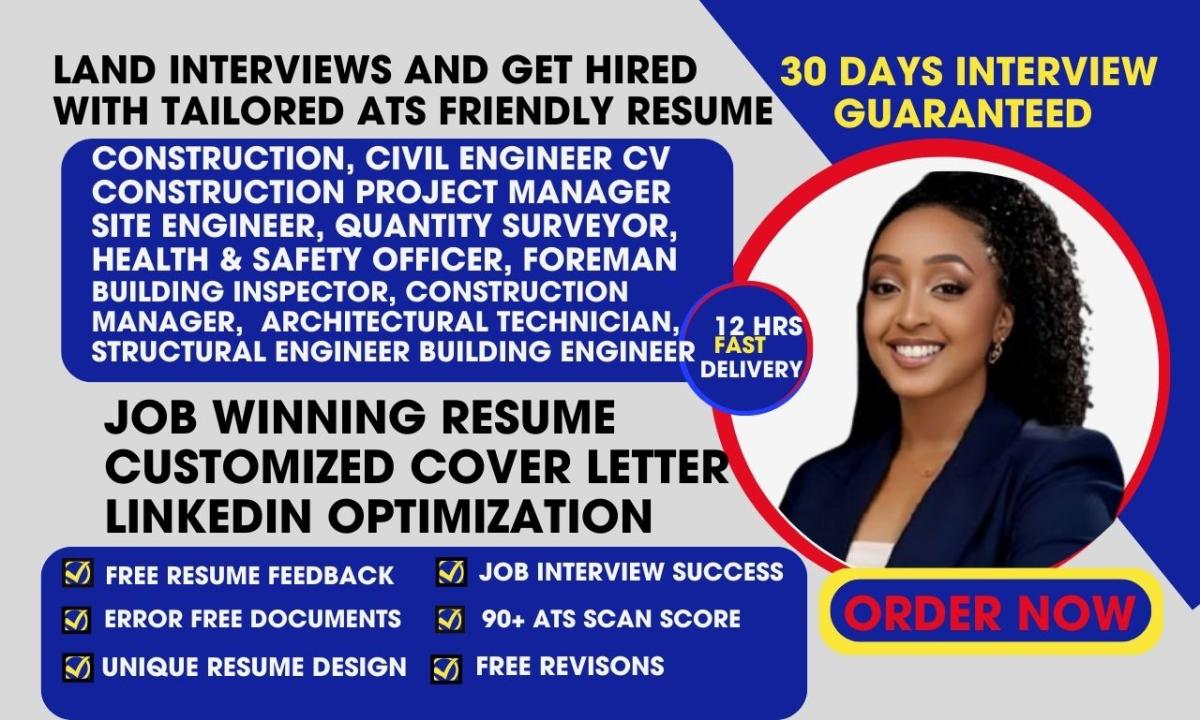 I will write construction, site engineer, building inspector, project manager resume