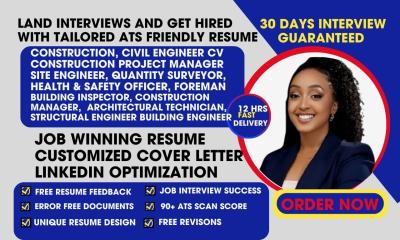 I will write construction, site engineer, building inspector, project manager resume