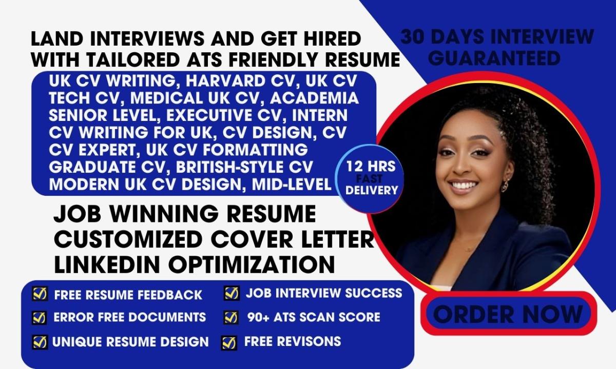 I will offer CV writing for UK, Harvard CV, professional UK CV design, UK tech CV