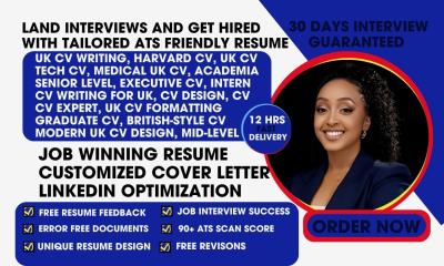 I will offer CV writing for UK, Harvard CV, professional UK CV design, UK tech CV