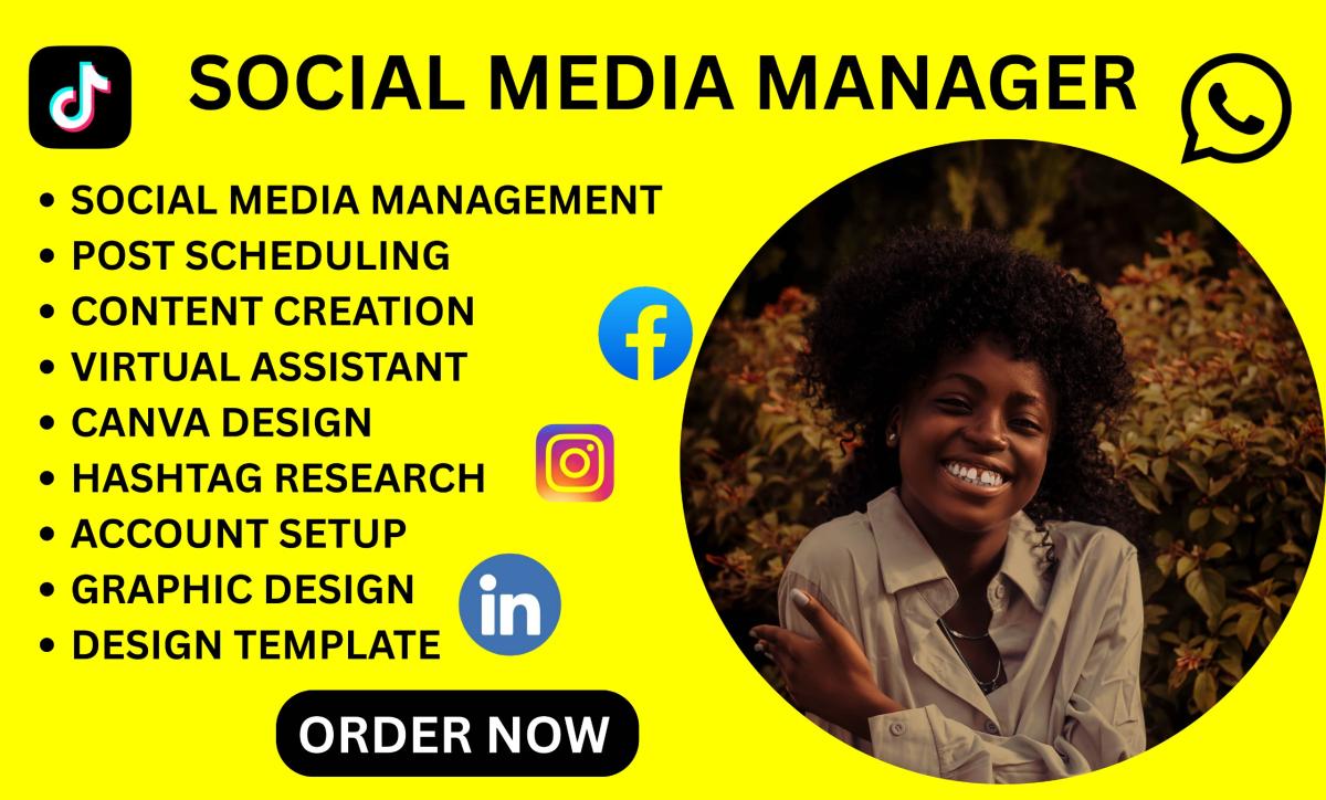 I will be your Social Media Manager, Canva Designer, Administrative Executive, Virtual Assistant