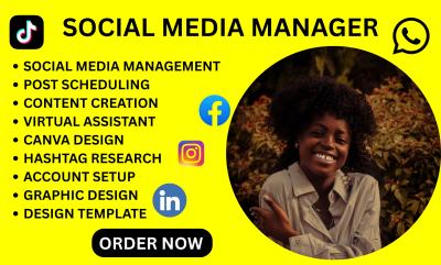 I will be your Social Media Manager, Canva Designer, Administrative Executive, Virtual Assistant