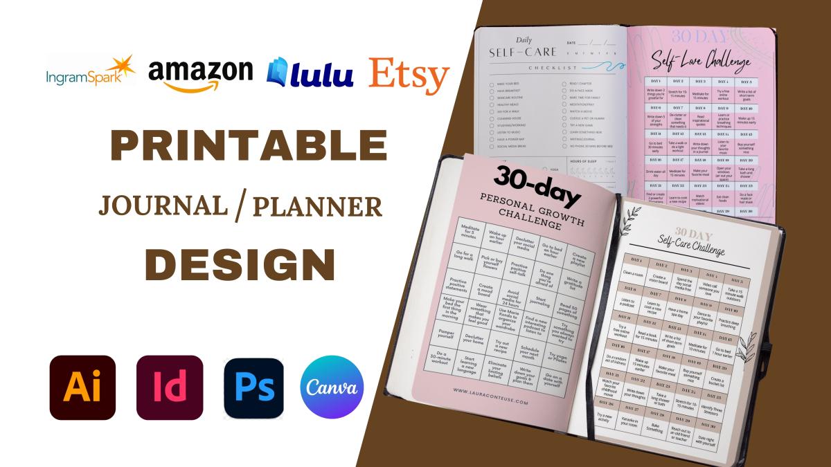 I will design custom printable journal, Canva editable checklist, workbook journal KDP