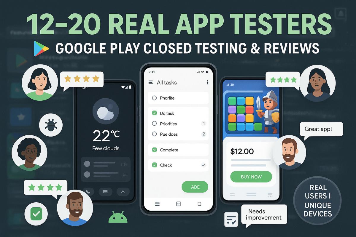 I will provide 12 app testers / 20 app testers for Google Play closed testing app review