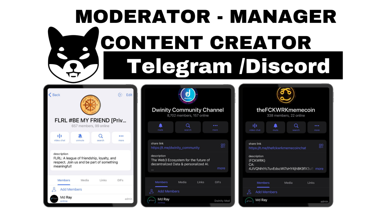 I will be your social media manager, telegram community manager, discord moderator