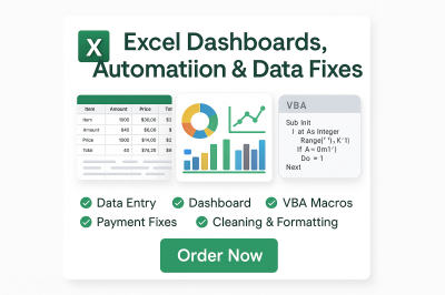 I will do Excel Data Entry, Data Cleaning, Custom Spreadsheets, Dashboards, VBA Macros