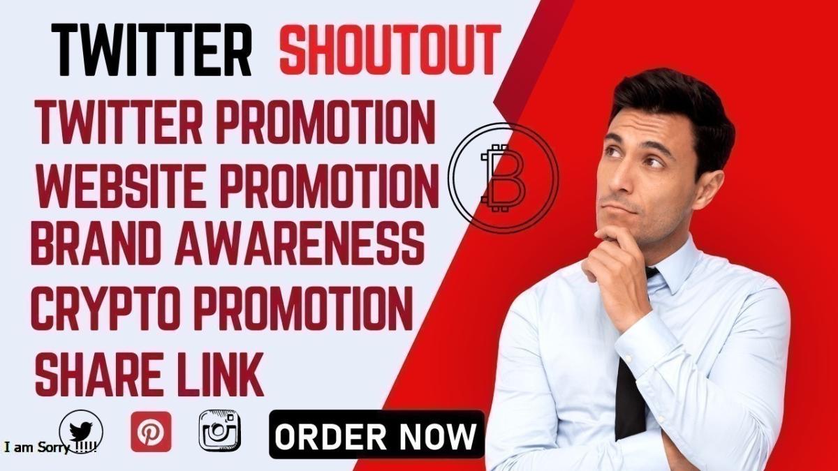 I will do Twitter shoutout and promotion on share link 100M IG, YT, Website, FB, WE, Crypto