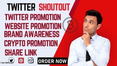 I will do Twitter shoutout and promotion on share link 100M IG, YT, Website, FB, WE, Crypto
