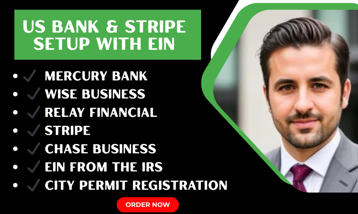 I will create bank creation Mercury Wise Relay Chase Bank Account Stripe EIN City Permit