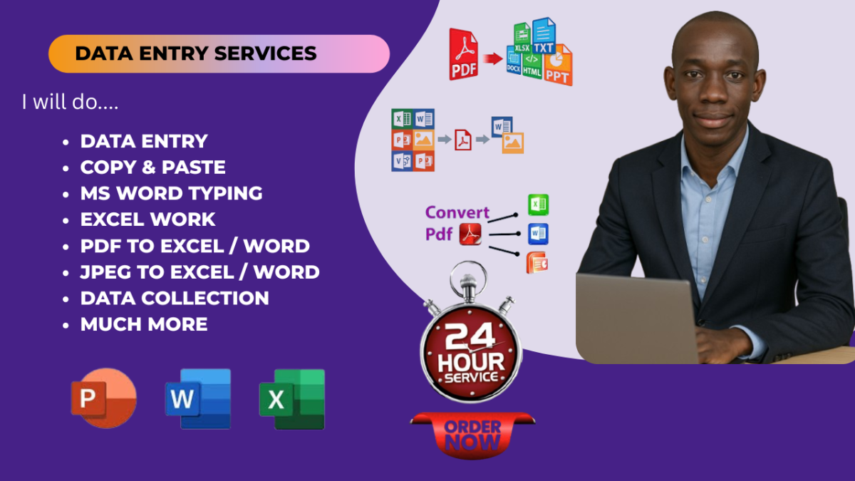 I will do fast and accurate data entry, PDF to Excel or Word, web research
