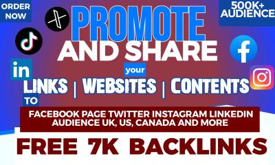 I will share and promote your link in UK, Canada, USA Facebook groups to 965996 audience