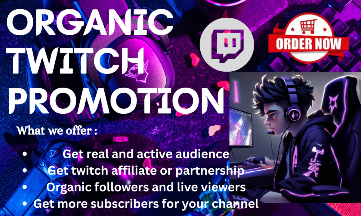 I will organic twitch channel promotion for live viewers, twitch affiliate, chatters
