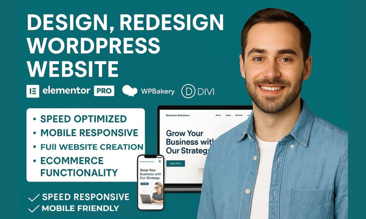 I will design, redesign WordPress website with Elementor, WPBakery, Divi, Elementor Pro