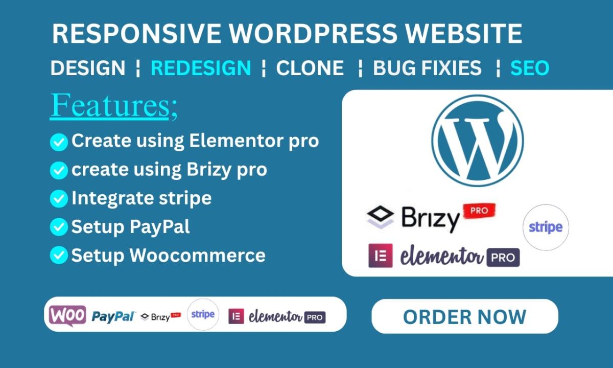 I will design WordPress website with Brizy or Elementor builder, Stripe integration