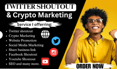 I will do Twitter shoutout, crypto, website promotion to 150M YT, IG, FB active audience
